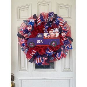 Patriotic Wreath, Gnome Blue Truck USA America Mesh Ribbon Wreath